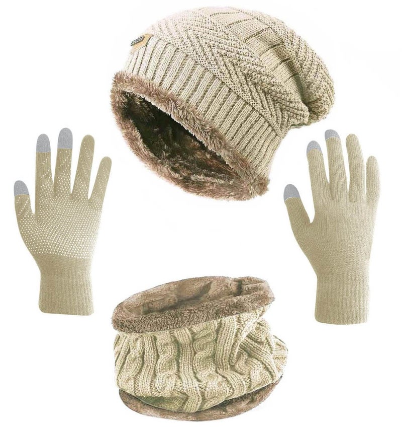 HINDAWI Slouchy Beanie Scarf Gloves Set for Women Men Winter Hat Warm Skull Cap Scarves Touch Screen Mittens - Image 1